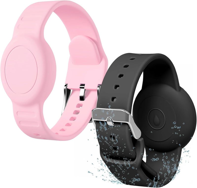 Foweroty for AirTag Bracelet for Kids, Waterproof Cute Print for Air tag Holder for Kids with Soft Silicone Full Coverage Anti-Lost Hidden for Airtag Wristband Accessories for Child, Pink/Black - Image 1